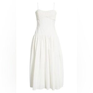 Moon River Sleeveless Shirred White Corset Drop Waist Bridal Midi Dress Medium